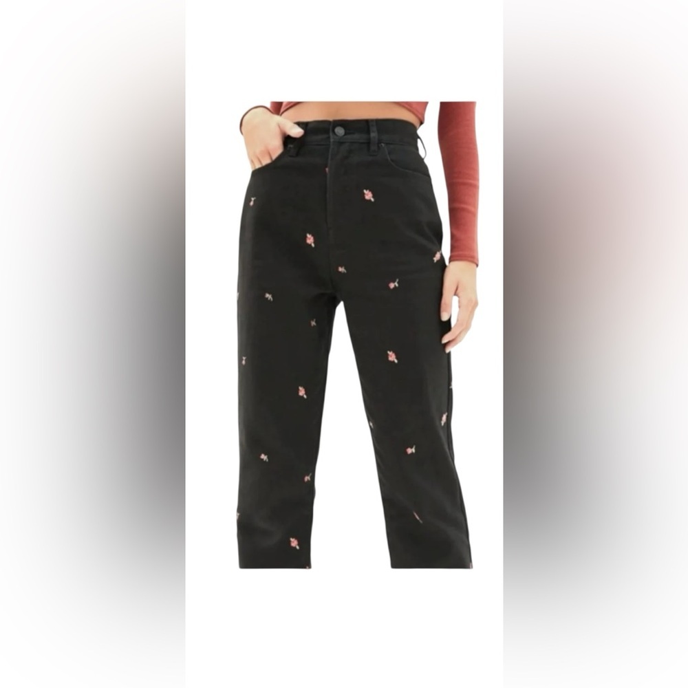 PacSun High Rise Straight Black Pink Floral Embroidered Button Fly Jeans Size 25
